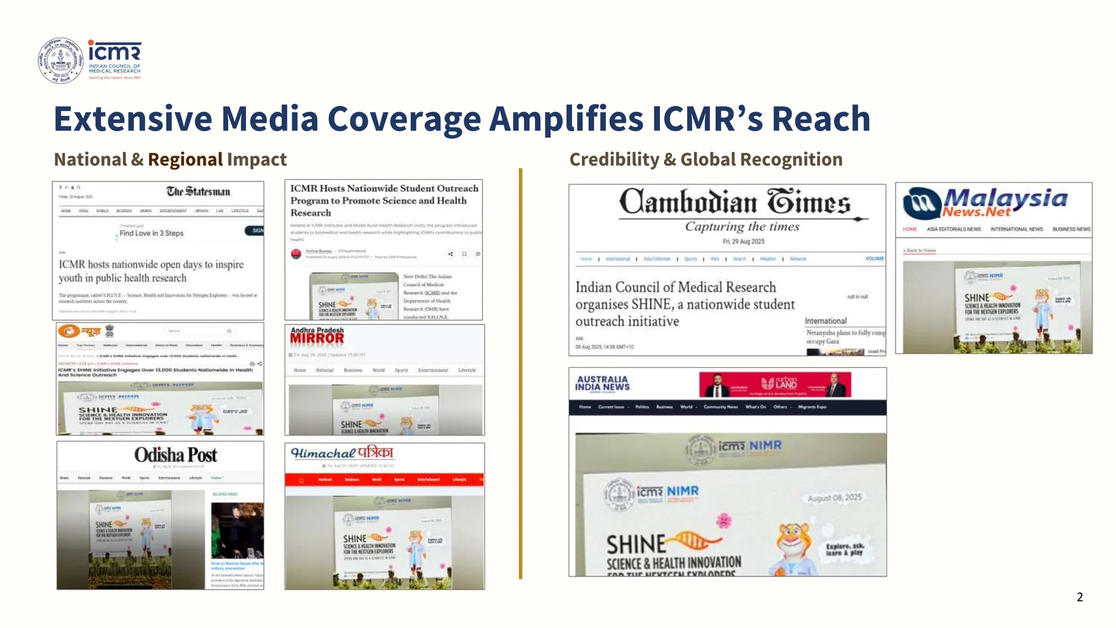 Media coverage of ICMR-SHINE across national and regional outlets
