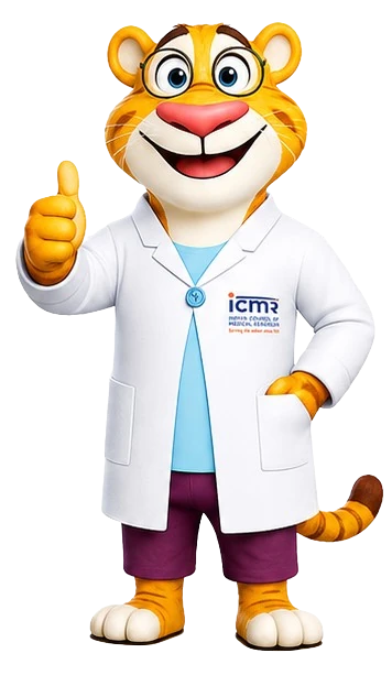 Dr. Curio, the ICMR-SHINE mascot, wearing a lab coat